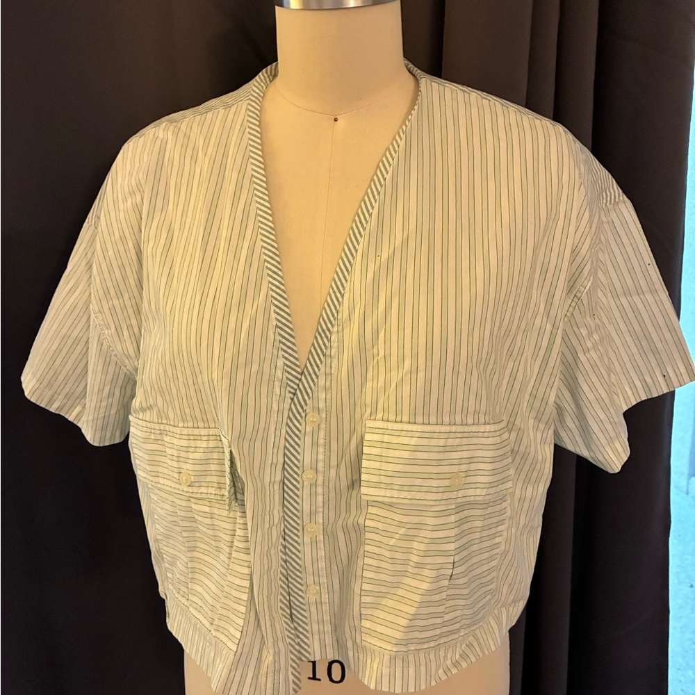 Zara Striped Button-Up Crop Women's Pocket Top